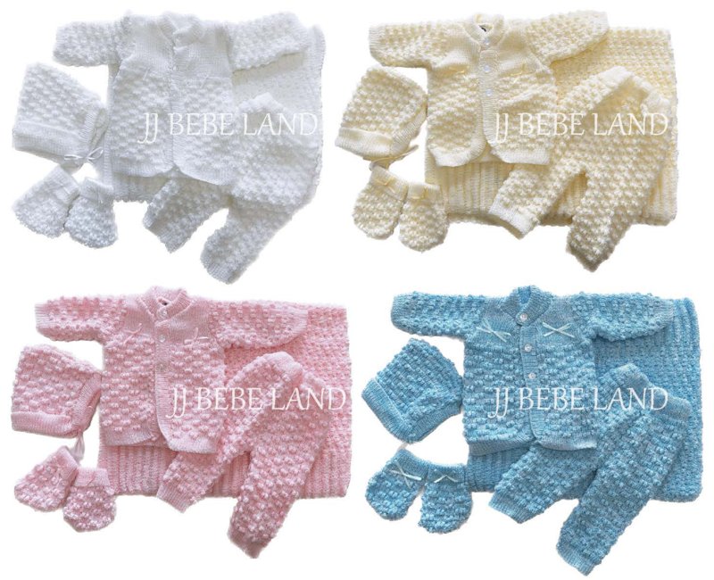 Knit newborn sets in white, yellow, pink and blue