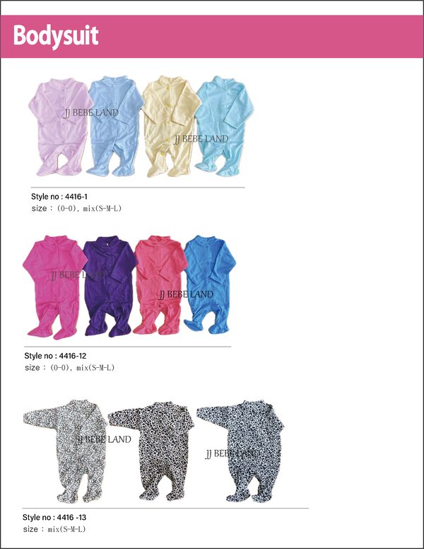 Footed long-sleeve bodysuits 4416-1, 4416-12, 4416-13