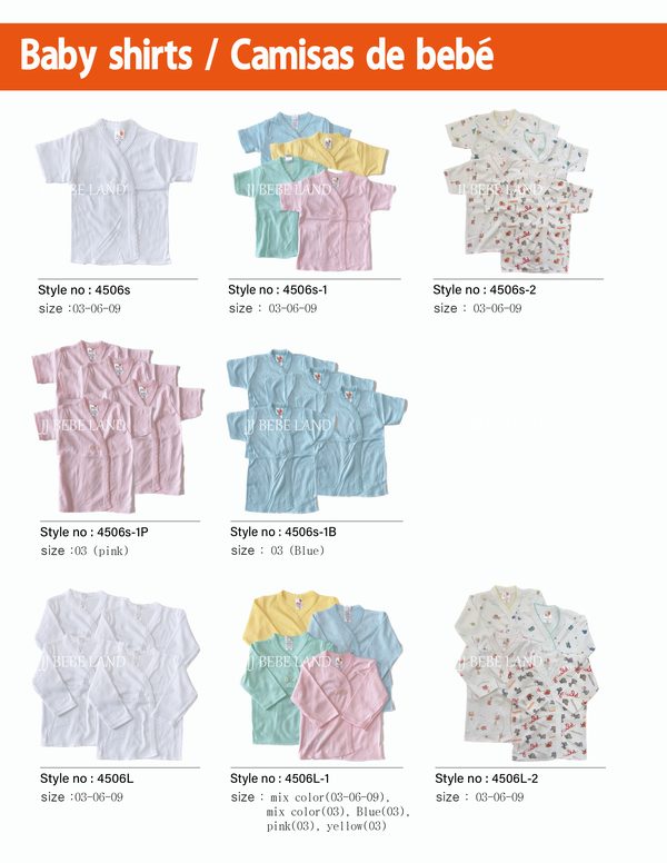 Front-tie baby shirts 4506s, 4506s-1, 4506s-2, 4506s-1P, 4506s-1B, 4506L, 4506L-1, 4506L-2